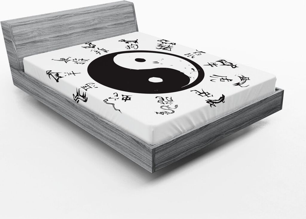 ABAKUHAUS Ethnisch Spannbetttuch, Tao Yin und Yang-Symbol Chinesisches Tiermotive und Inschrift Antike, 160 x 200 cm, Charcoal Grau und Weiß