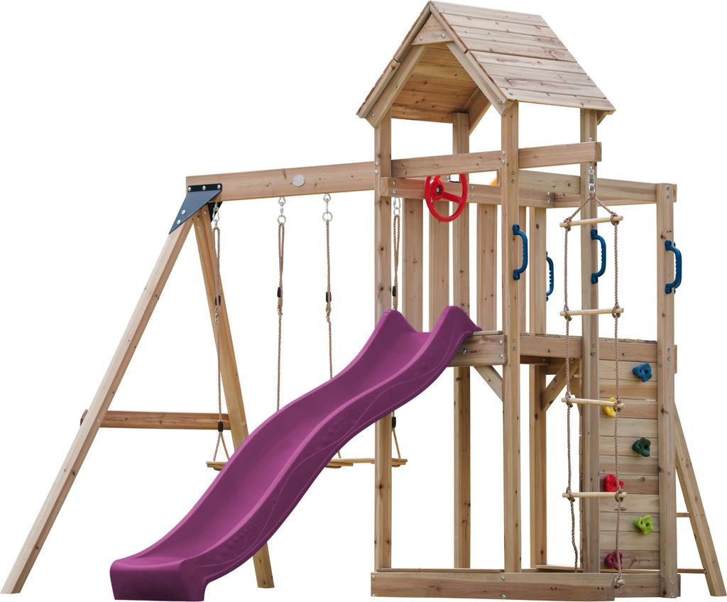 AXI Moos Spielturm aus Holz mit 2 Schaukeln & Strickleiter | XXL Spielhaus / Spielplatz für Kinder mit Kletterwand, Sandkasten & Rutsche in Lila |...