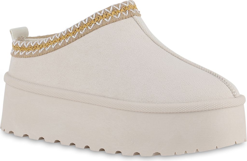 VAN HILL Damen Warm Gefütterte Pantoffeln Bequeme Plateau Prints Schuhe 840876, Farbe: Beige, Größe: 39