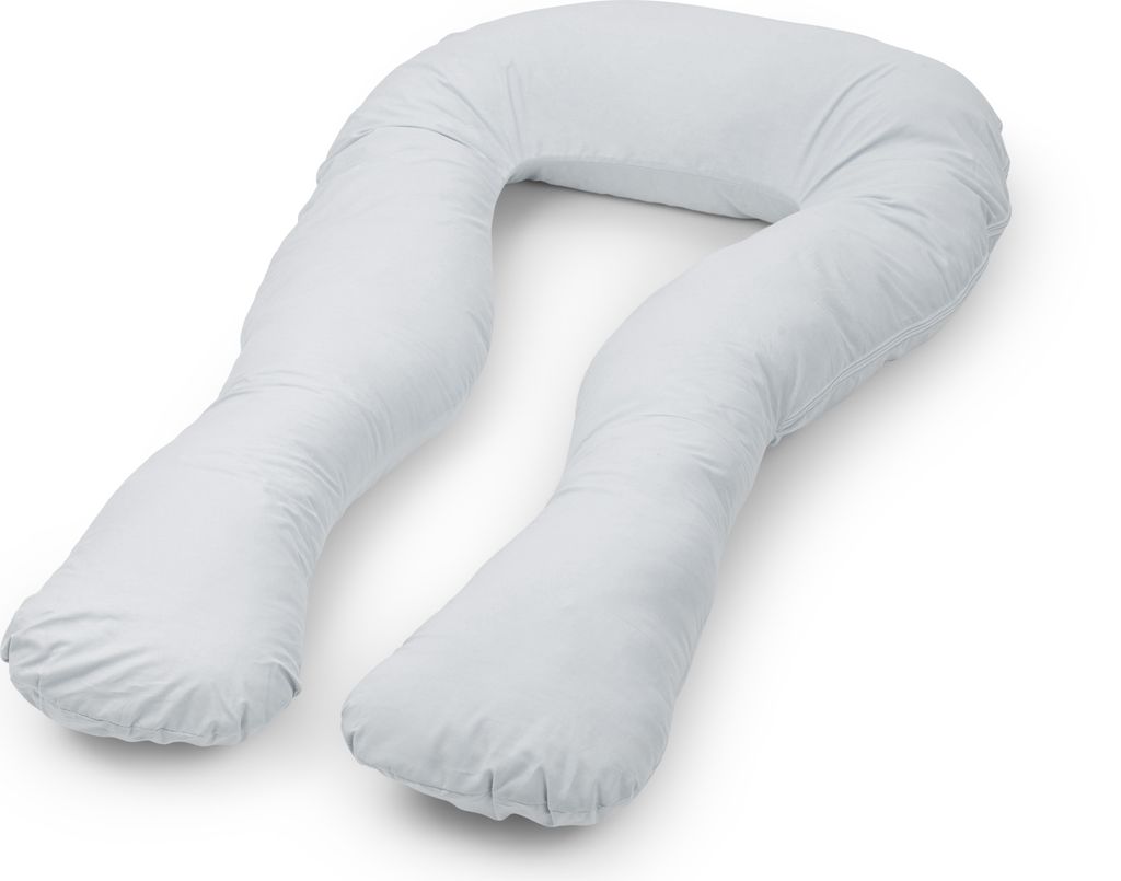 A white U-shaped pregnancy pillow is shown against a white background.