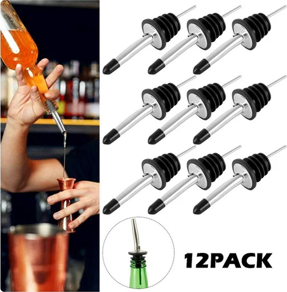 12er Set Edelstahl Flaschenausgießer Schnaps | Weinausgießer mit Stopfen | Dosierer mit Verschluss | Spirituosen Ausschenker Verschließbar | Fla...