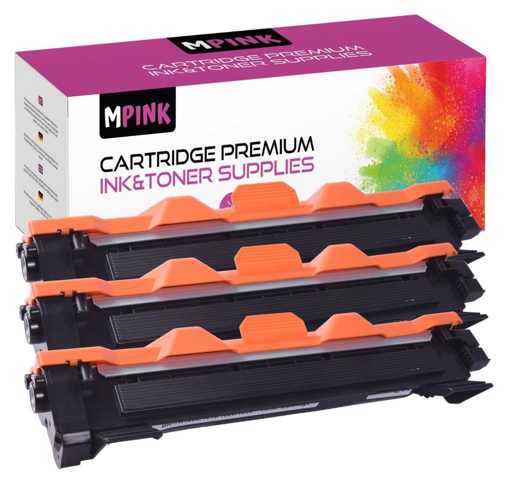 A box of printer toner cartridges is shown with three cartridges in the foreground.
