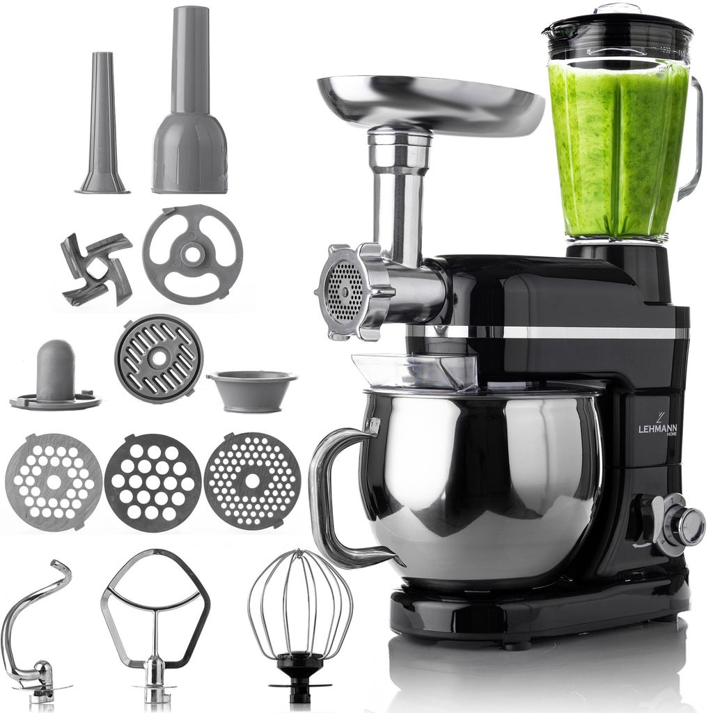 A collage of a black Lehmann planetary kitchen machine with various attachments, including a meat grinder, blender jar filled with green liquid, dough hook, whisk, and flat beater, along with multiple grinding discs.