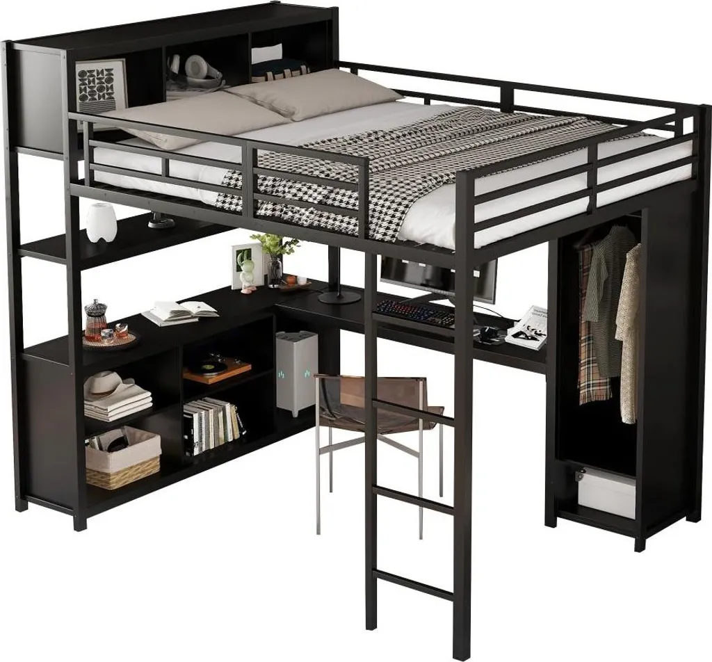 Lit surélevé noir 140x200 structure fer avec armoire de rangement intégrée - 9