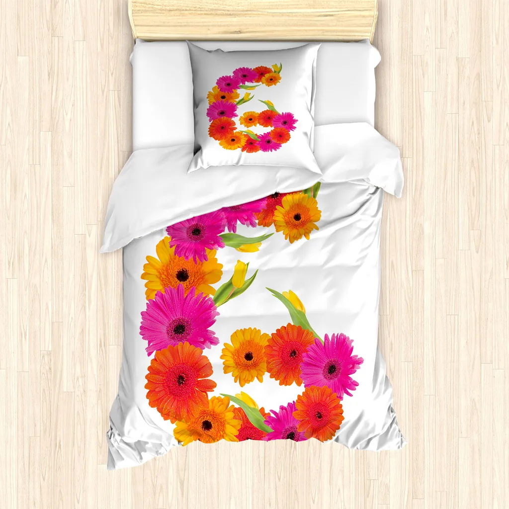 ABAKUHAUS Set copripiumino con alfabeto floreale per letti singoli, G Brief Flourish, antiacaro, adatto a chi soffre di allergie, con federa, 135 cm x 200 cm - 80 x 80 cm, rosa calendula-verde
