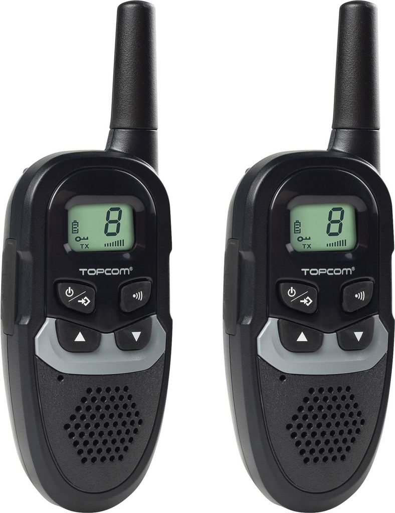 Two black walkie-talkies are shown against a white background.