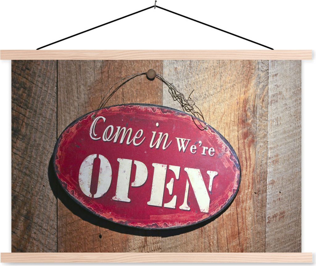 MuchoWow Textilposter Ein offenes Schild an einer Holztür 60x40 cm mit holzfarbenen Rahmen - Bilder