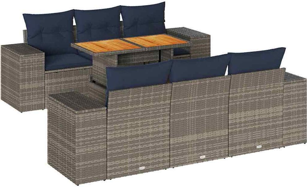 7-tlg. Garten-Sofagarnitur mit Kissen Grau Poly Rattan