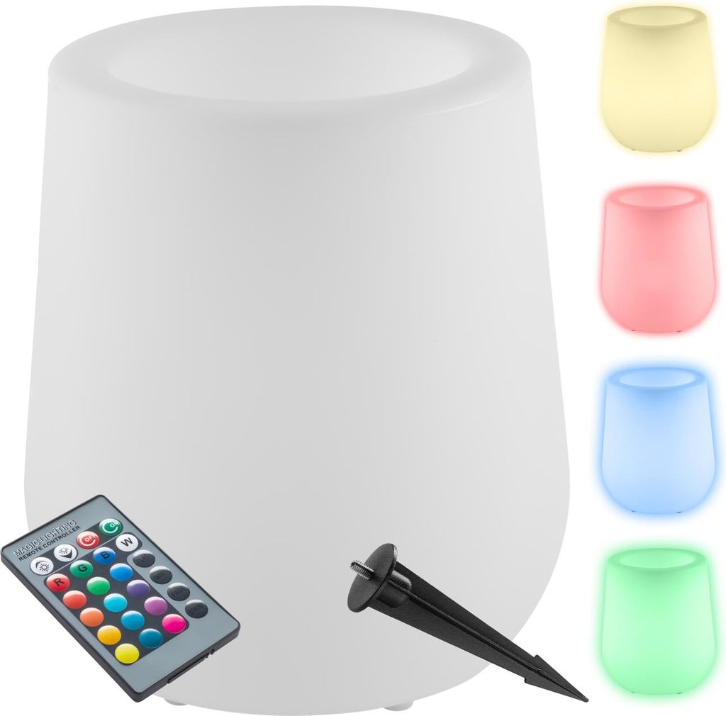A white LED planter with a remote control and a ground stake, shown with examples of different light colors.