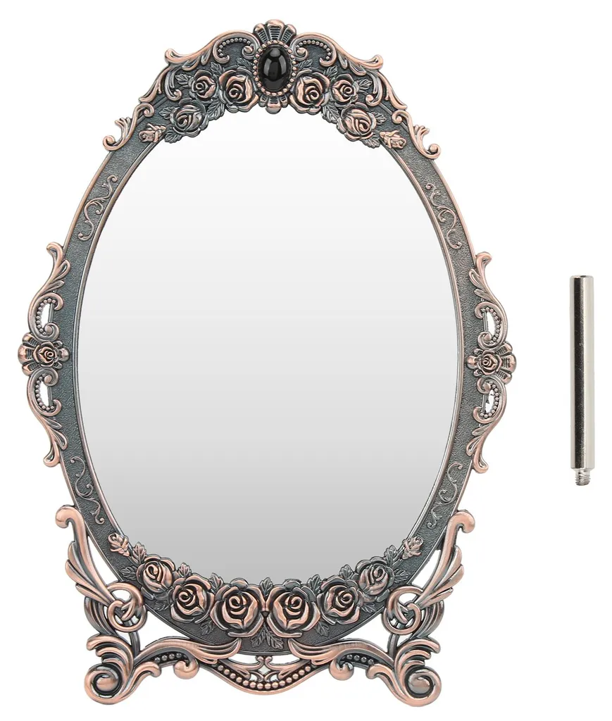 Miroir de maquillage rétro cuivre rouge avec motif floral et bord perlé