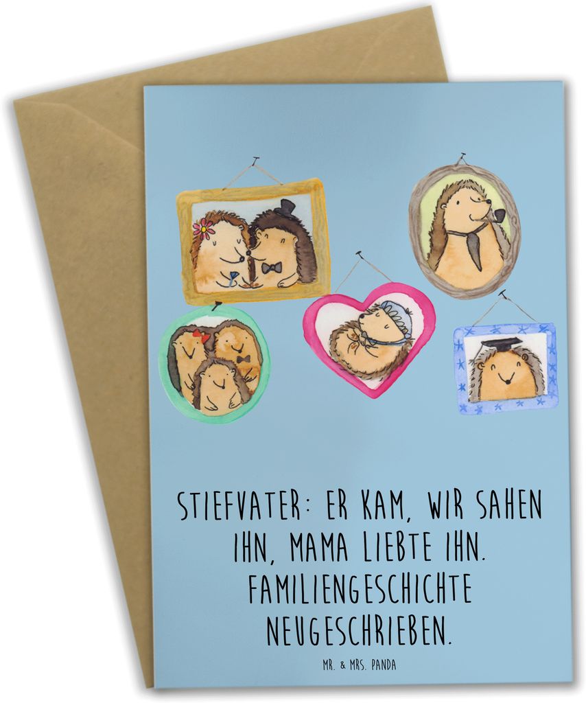 Mr. & Mrs. Panda Glückwunschkarte Stiefvater Liebe - Blau Pastell - Geschenk, weihnachtskarten, einladungskarten, Stiefkinder, Unterstützer, dank...