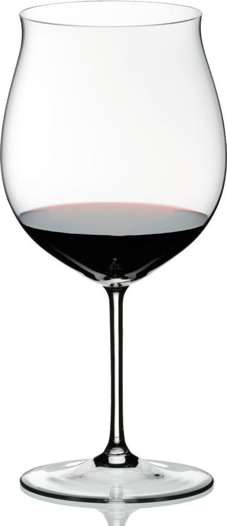 A clear studio shot of a wine glass filled with red wine.