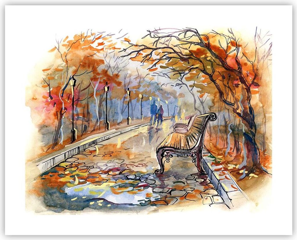 Poster - Poster ohne Rahmen - Path Bench Herbst Frau - 50x40 cm - Wand Bild - Wanddeko - Wandbilder - Kunstposter - Wandposter - Bilder - Kunstdruc...