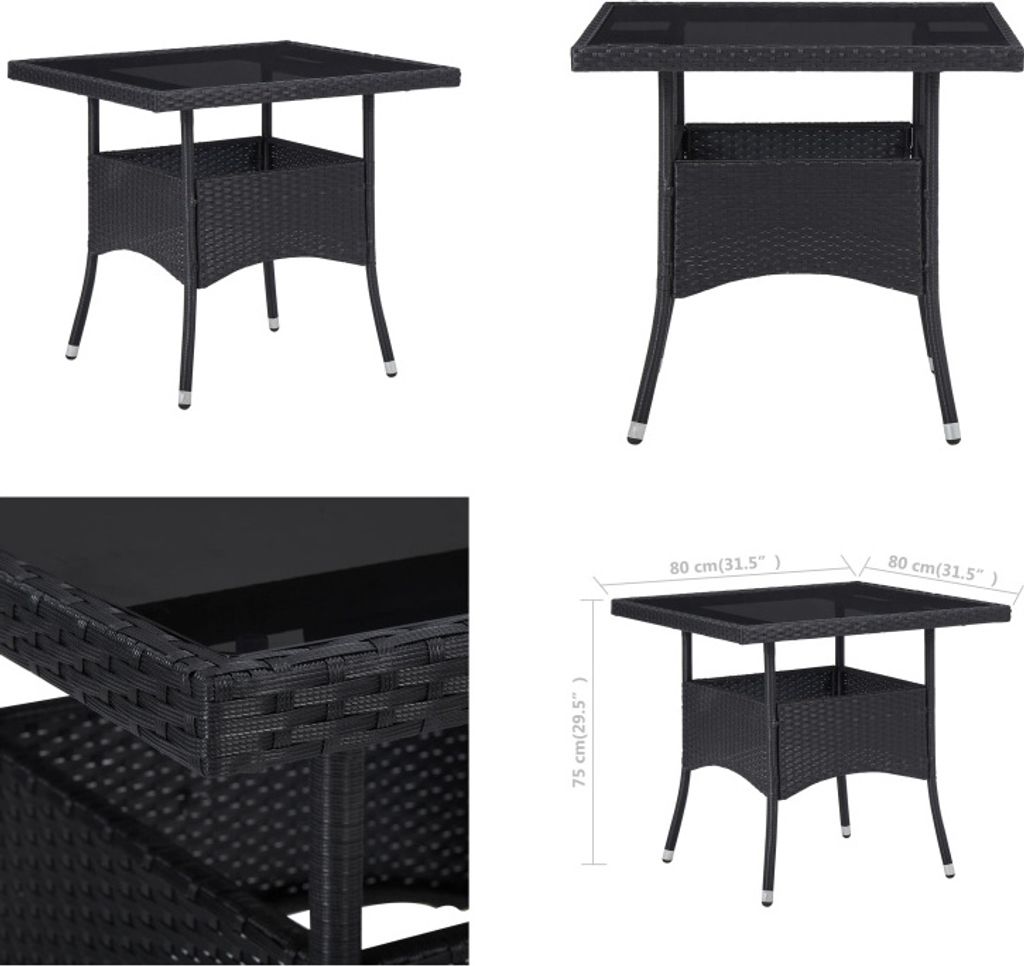 vidaXL Garten Esstisch Schwarz Poly Rattan und Glas - Gartentisch - Gartentische - Esstisch - Esstische