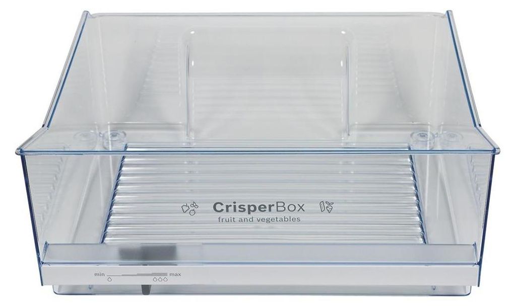 A clear plastic crisper box for a refrigerator, designed for storing fruits and vegetables.