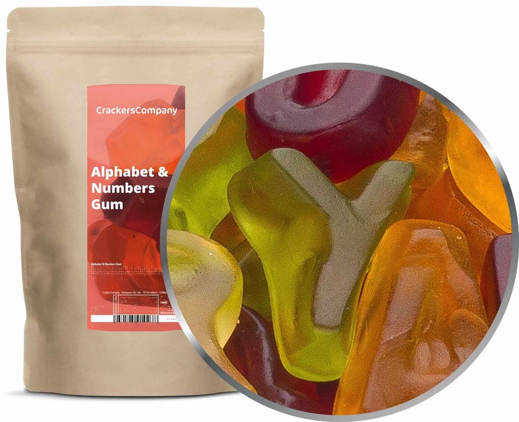 CrackersCompany Alphabet & Zahlen-Fruchtgummi (Alphabet & Numbers Gum), ZIP-Beutel 800 g