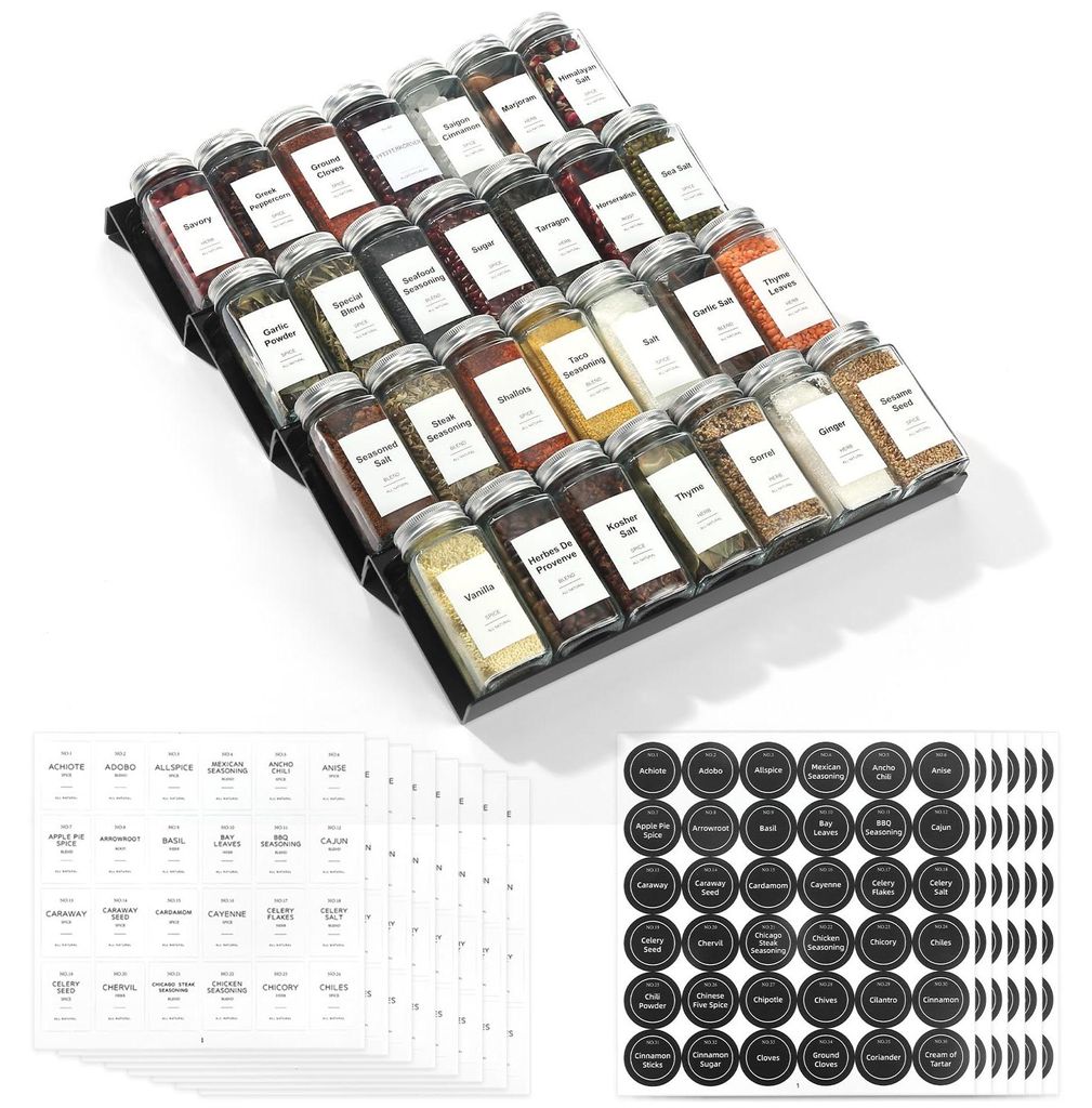 Schwarzer Gewürzschubladen-Organizer mit 28 Gewürzgläsern, 348 Etiketten, Sieb und Ausgießdeckeln mit luftdichten Aluminiumkappen, 4-stöckiges...