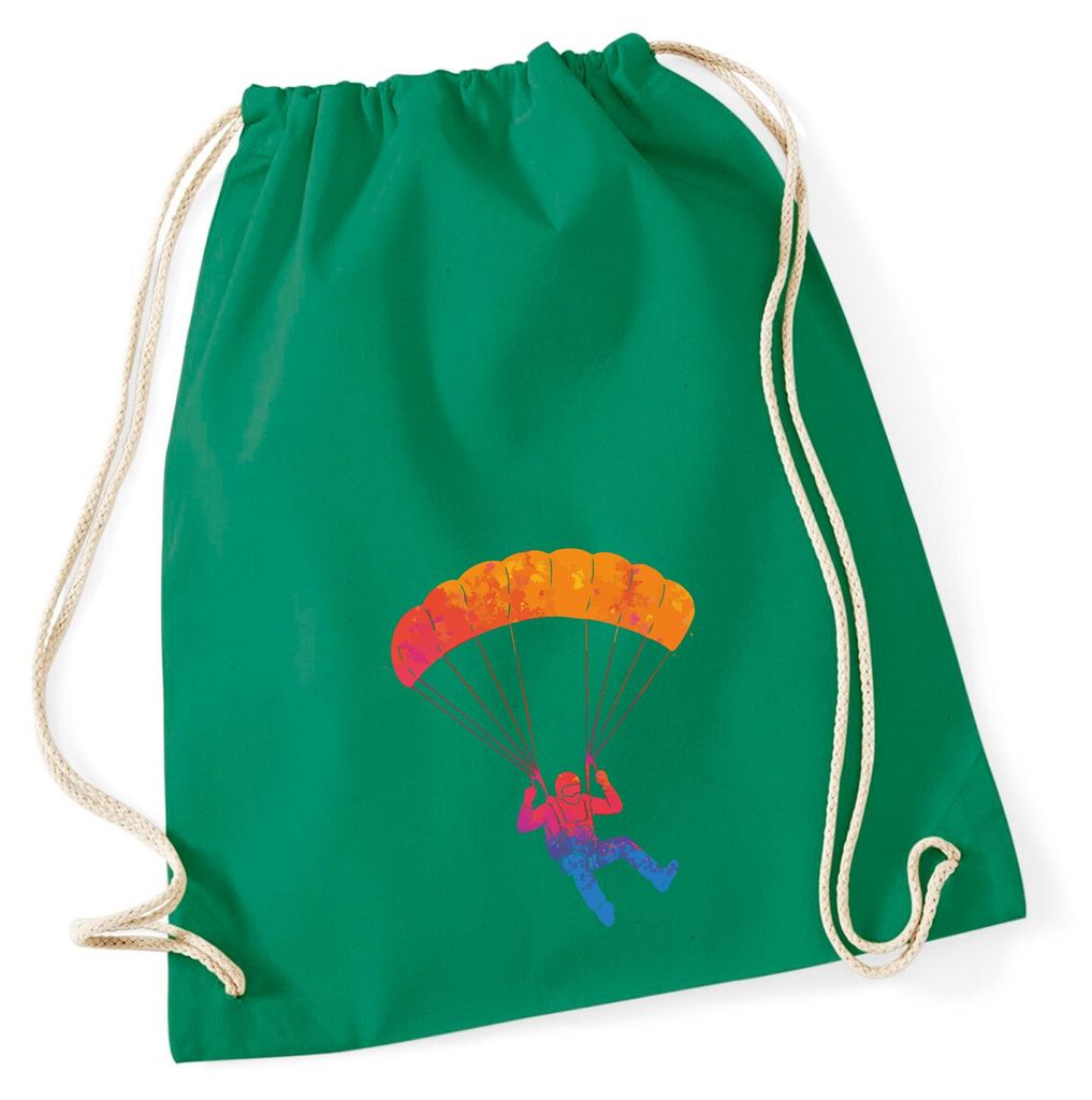 Huuraa Turnbeutel Fallschirmspringen bunte Silhouette 12 Liter Kelly Green Baumwolle Rucksack Geschenkidee