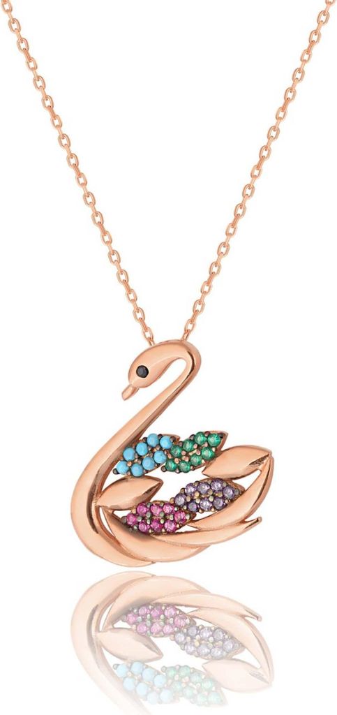 Halskette 925 Silber Schwan-Anhänger Rosegold mit bunten Zirkonia – Exklusive Design
