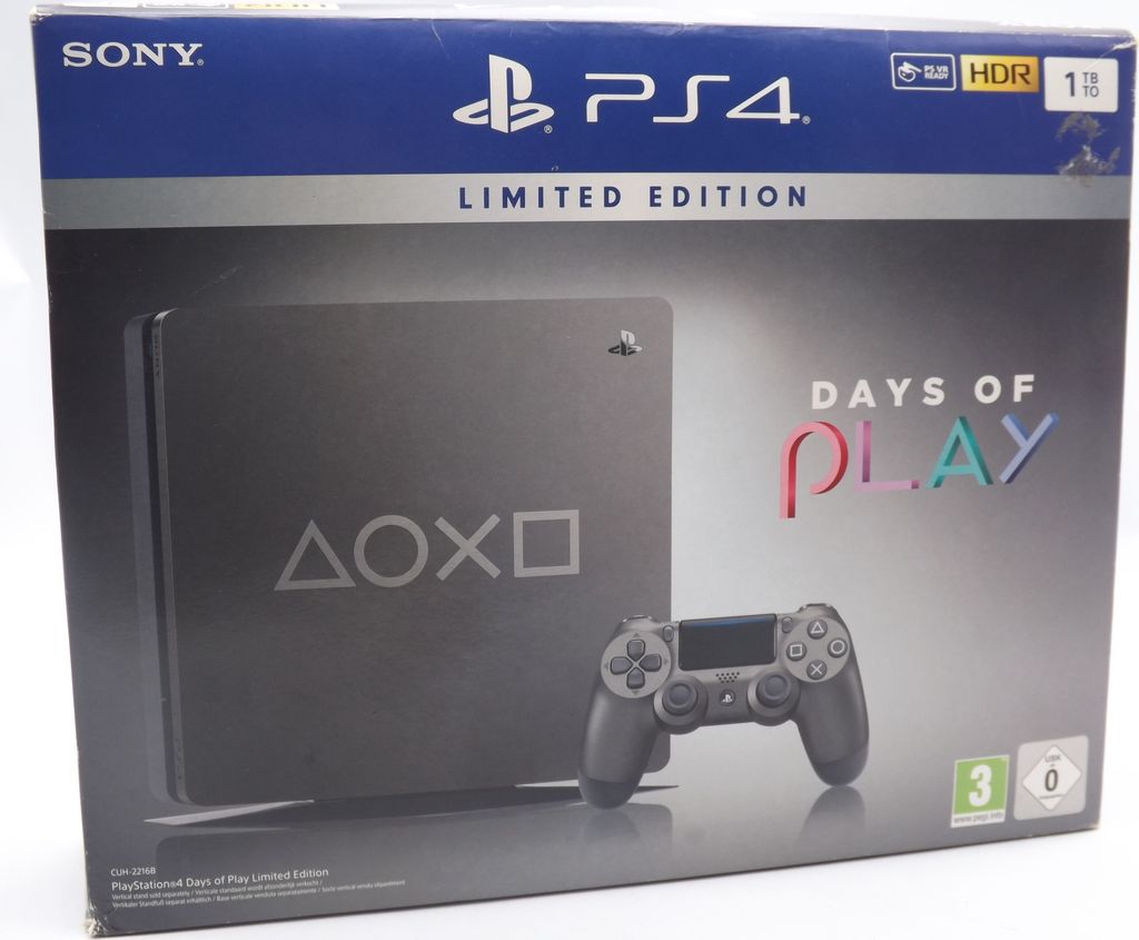 The image shows the front of a PlayStation 4 Days of Play Limited Edition console box.