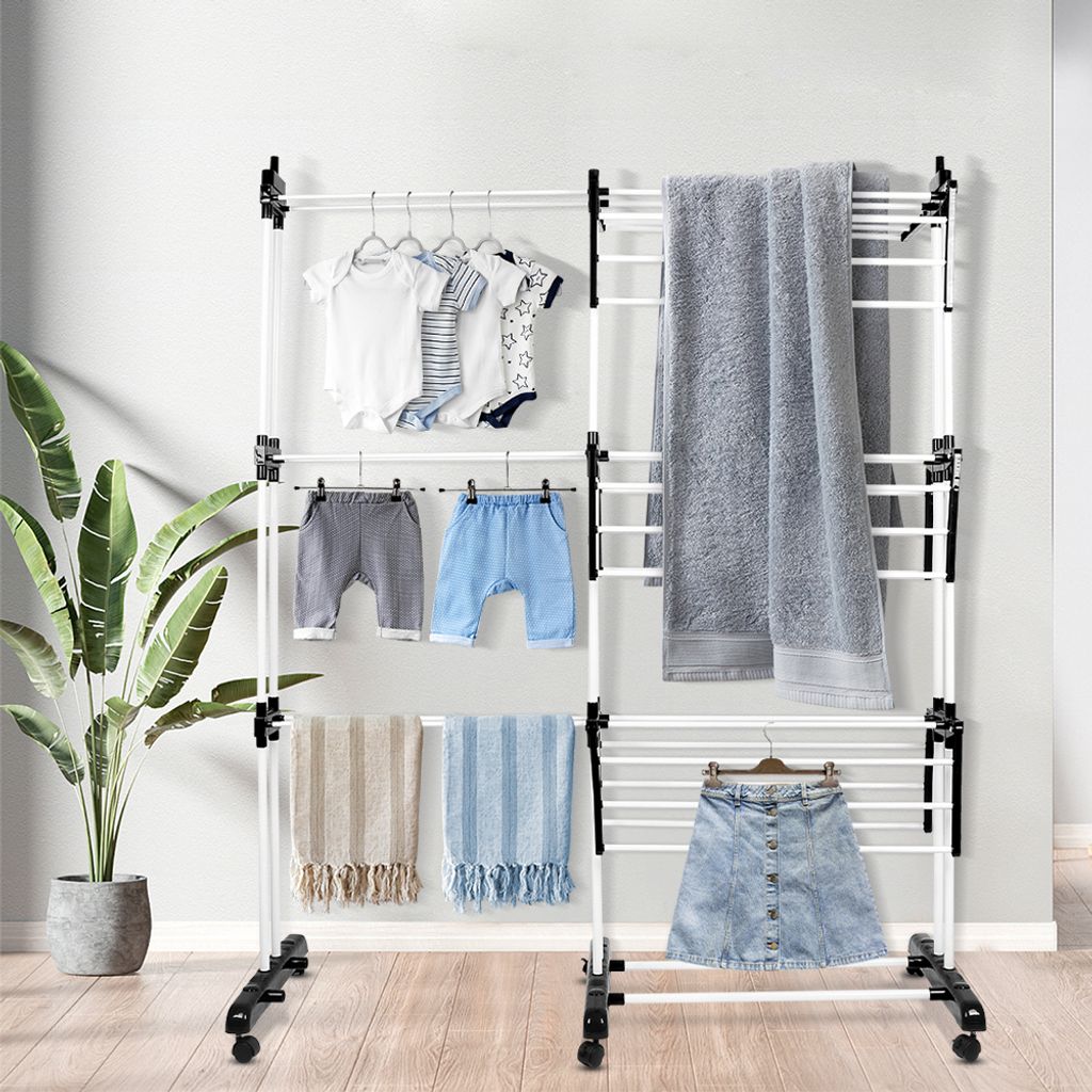 Wäscheständer 4 Ebenen Standtrockner mit Rollen Ausziehbar 75-142.5x64x170cm 2 Seitenflügel Schwarz Weiß