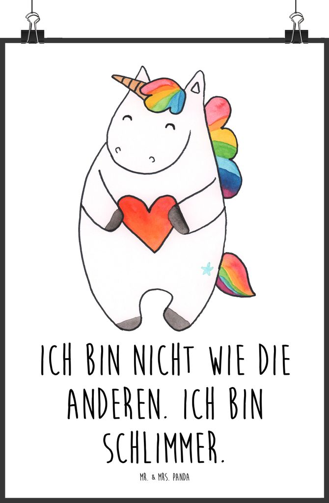 Mr. & Mrs. Panda Bild Einhorn Herz DIN A0 - Weiß - Geschenk, Unicorn, Wanddekoration, Einhörner, Lustig, drucke, Kunstdruck, wanddeko, böse, Pla...