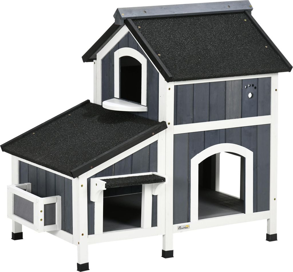 Outdoor-Katzenhaus, zweistöckig, Bodenabstand, Naturholz, Asphaltdach, grau, 96 x 65 x 85,5 cm