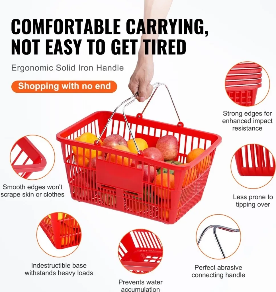 Panier d'achat incassable 21L avec anse fer, pack de 12 avec support