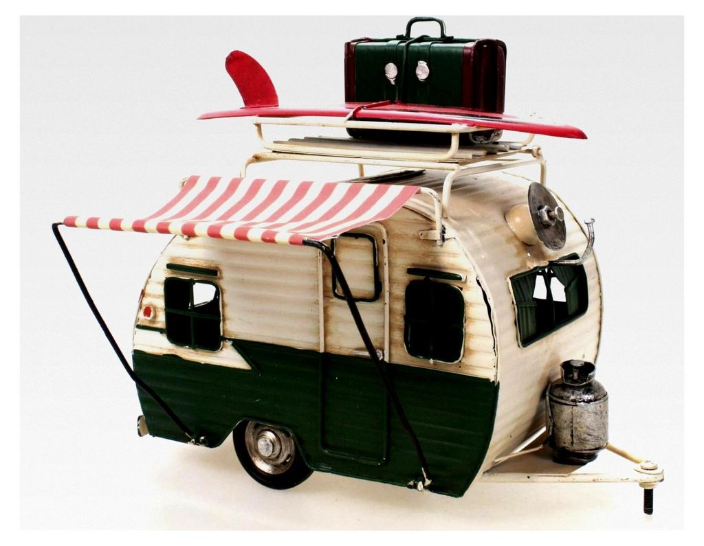 Metallwohnwagen grün mit Rahmen und Spardose Camper Auto Oldtimer Nostalgie