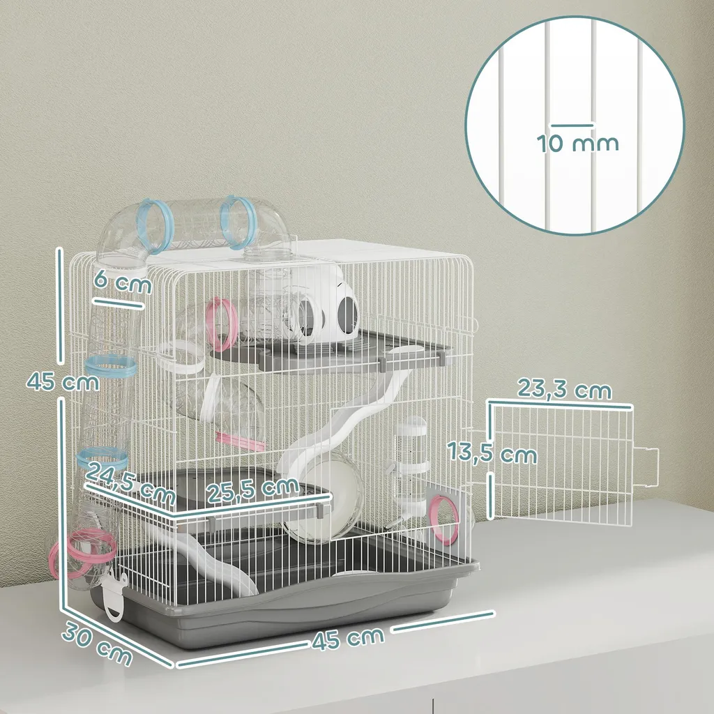 Cage hamster multi-étages équipée d'une roue et d'un abreuvoir, Gris - 5