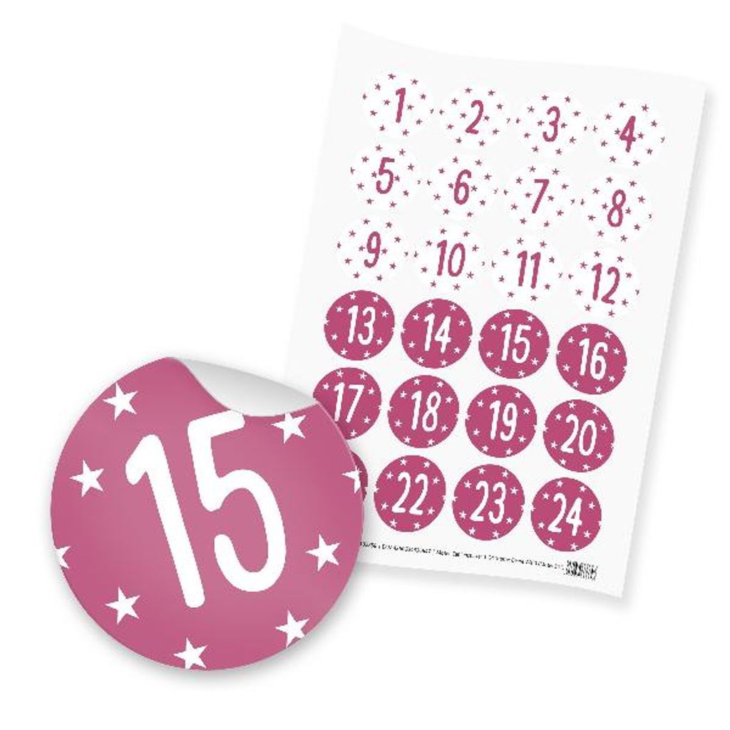 itenga 24x Zahlensticker Z41 Sterne 1-24 Beere / Weiß