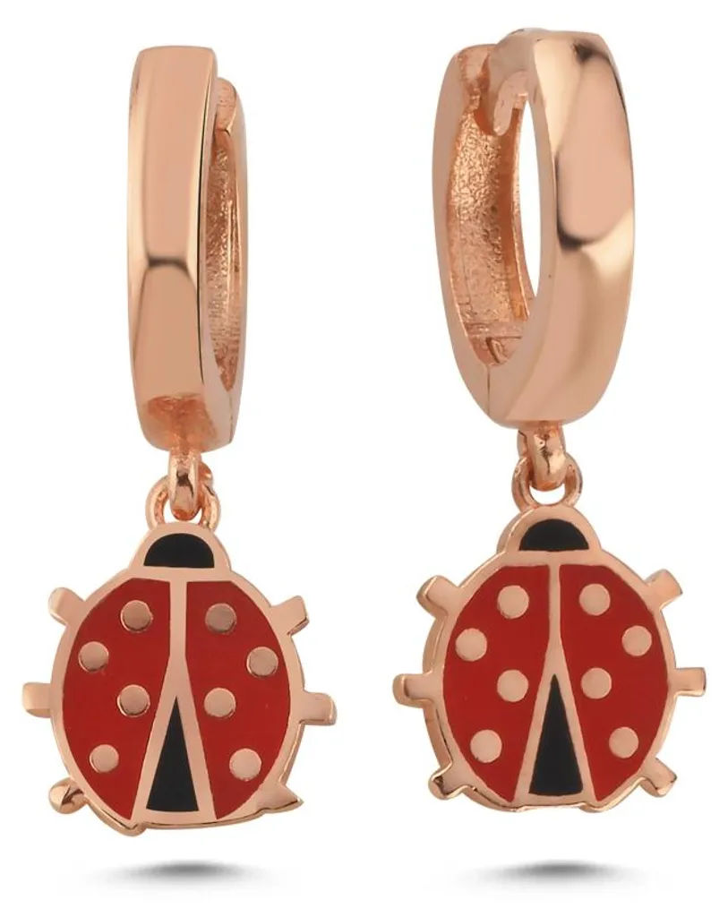 Boucles coccinelles en argent 925 massif, finitions émail rose nacré