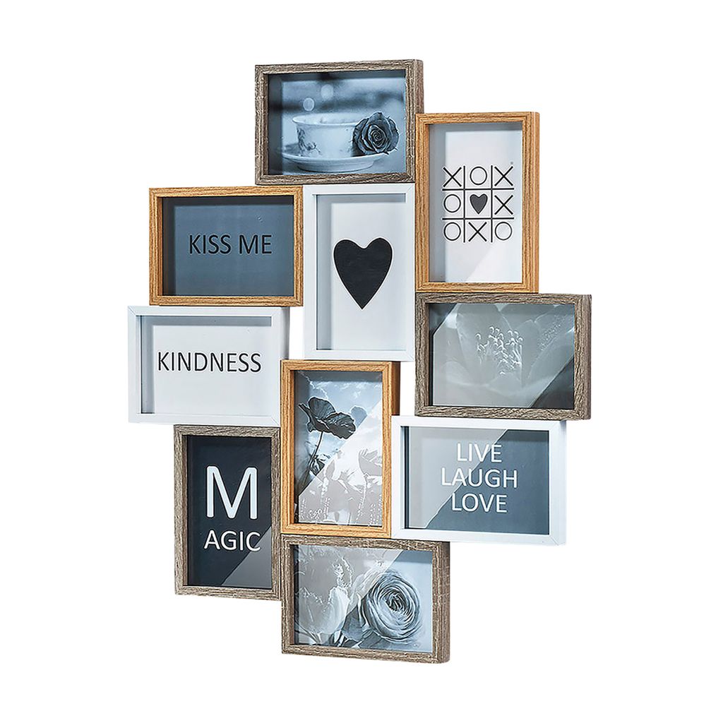 Kobolo Bilderrahmen-Collage - HEART- Holz - weiß natur - 10 Bilder - 59x47 cm - Fotowand Fotorahmen Bildergalerie mehrere Fotos Picture frame collage