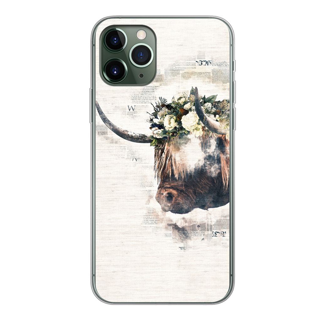 MuchoWow Handyhülle Schutzhülle Hülle für iPhone 11 Pro Schottischer Highlander - Rauch - Blumen Silikon Softcase Handy Hülle - Handy