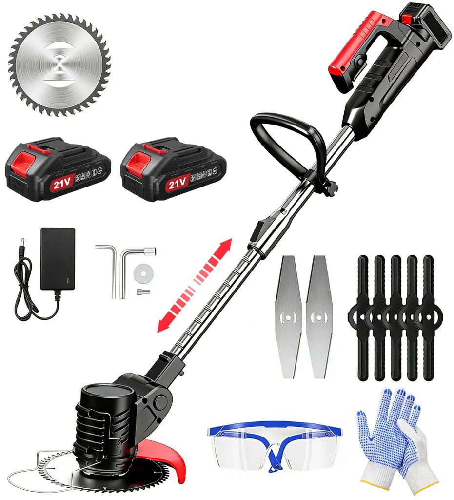 Akku-Rasentrimmer 21V mit 2 Batterie, Freischneider, Motorsense, mit Akku und Ladegerät, Teleskop-Stiel & Zusatzhandgriff