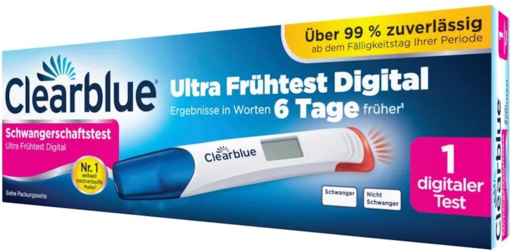 The image shows the packaging of a Clearblue pregnancy test.