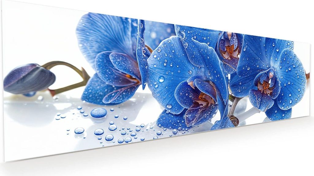 Glasbild 120x40cm in XXL für Wohnzimmer, Schlafzimmer Motiv Blaue Orchideen