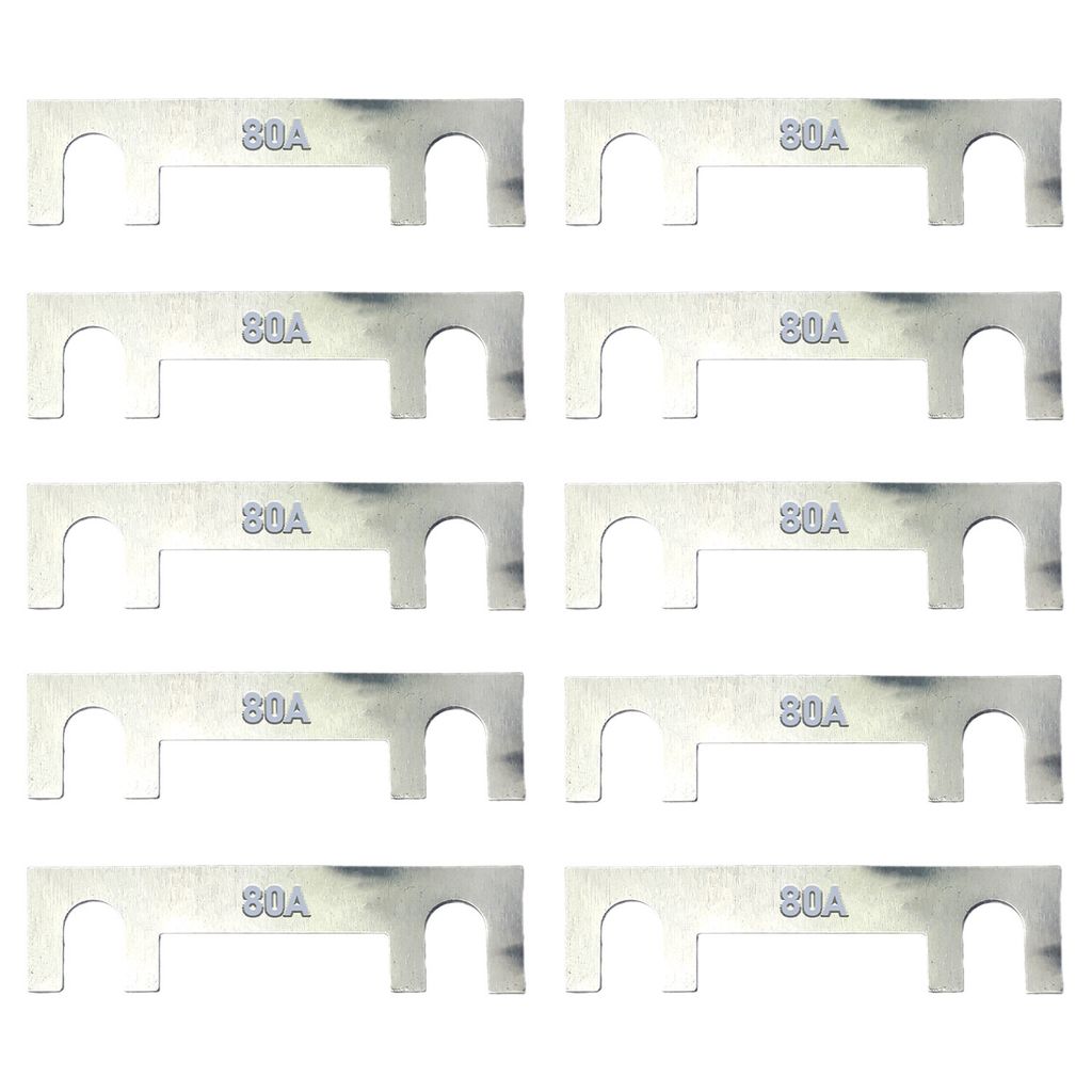 A set of ten 80A MTA strip fuses arranged in two columns of five.