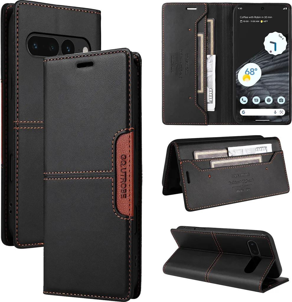 Cover Elegante Google Pixel 7 Pro: Pelle Nera Flip Wallet e Stand