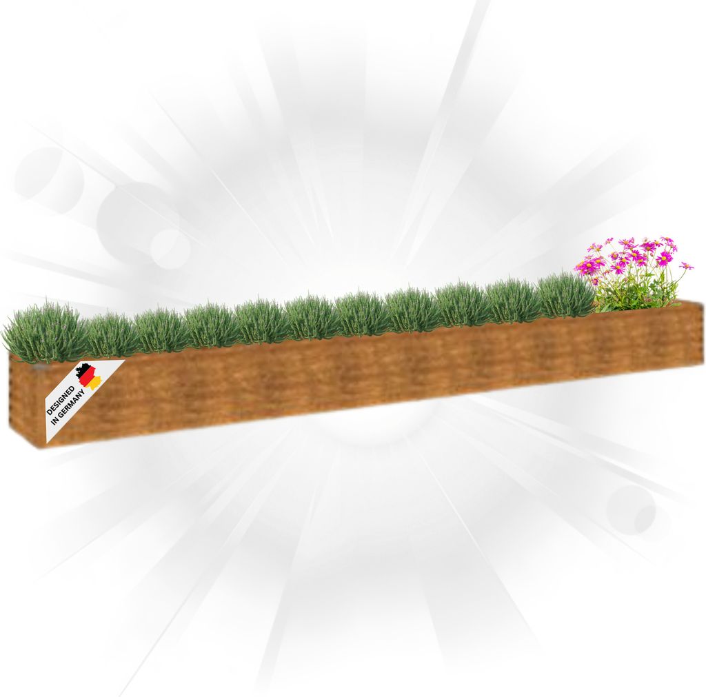 A wooden planter box filled with green plants and a few pink flowers, with a "Designed in Germany" label on the side.