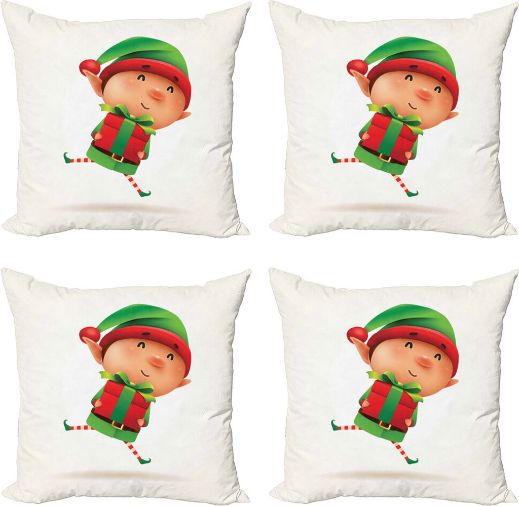 ABAKUHAUS Elf Kissenbezug Set (4 Stück), Kleiner Junge hält ein Geschenk, Moderner Doppelseitiger Digitaldruck, 60 cm x 60 cm, Fern Green Vermilion