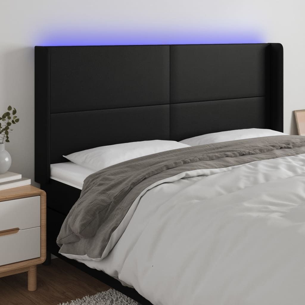 vidaXL LED Kopfteil Schwarz 163x16x118/128 cm Kunstleder - LED Kopfteil - LED Kopfteile - Kopfteil - Bett-Kopfteil