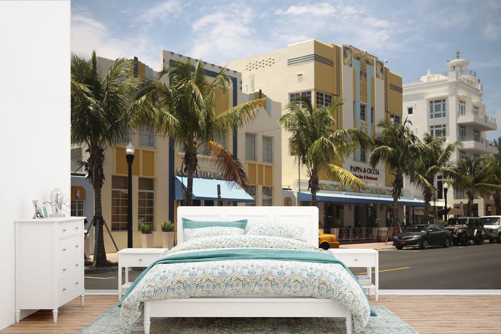 MuchoWow Fototapete für Wohnzimmer oder Schlafzimmer Wandtapete Vinyl Motivtapete Gelbes Taxi, geparkt am Ocean Drive in Miami - 450x300 cm - Ge...