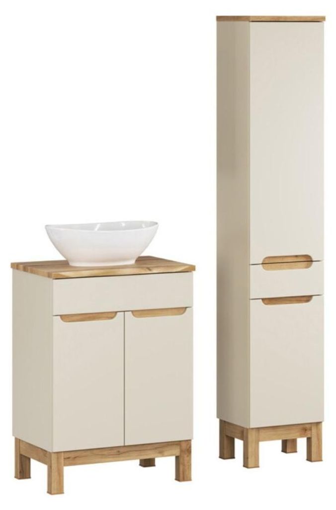 ERMANO Kaschmir-Set 95cm: Unterschrank + abgeschrägter Waschtisch + weißes Aufsatzwaschbecken + Säule