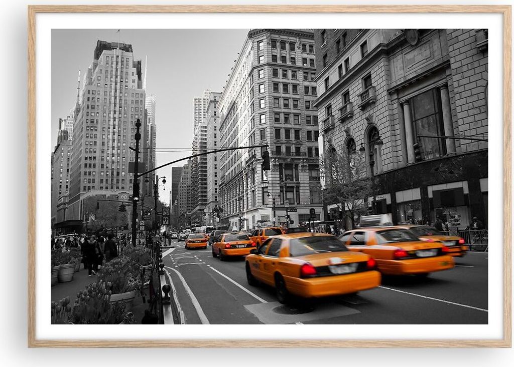 Gerahmtes Poster - Rahmen in heller Eiche - Amerika New York City Straße - 100x70 cm - Wand Bild - Wanddeko - Wandbilder - Wandposter - Bilderrahm...