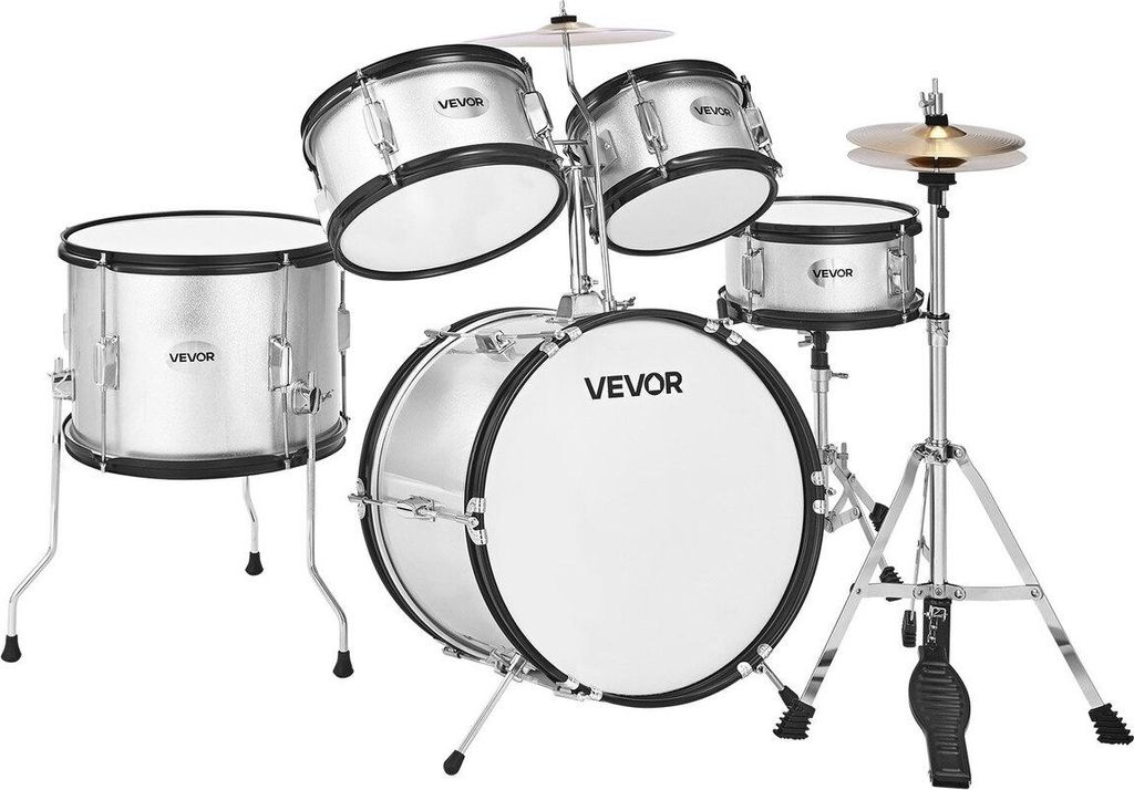 Kinder-Schlagzeug 5-teiliges Anfänger-Schlagzeug mit 16-Zoll-Bassdrum (silber)