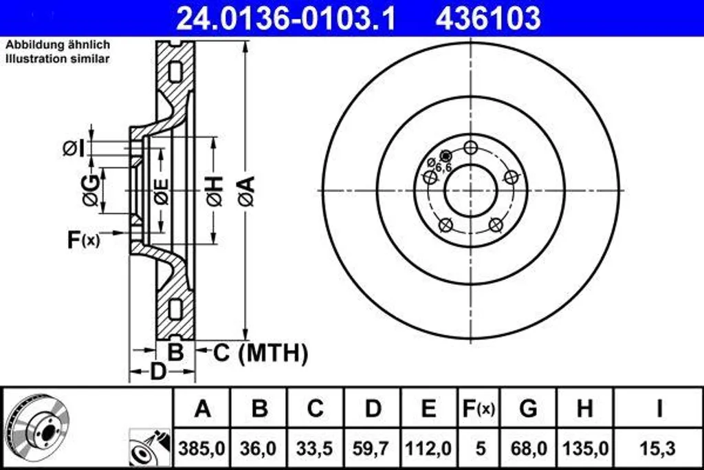 Disque de frein ATE 24.0136-0103.1 / 4E0615301E pour Audi A8 4E / 4D