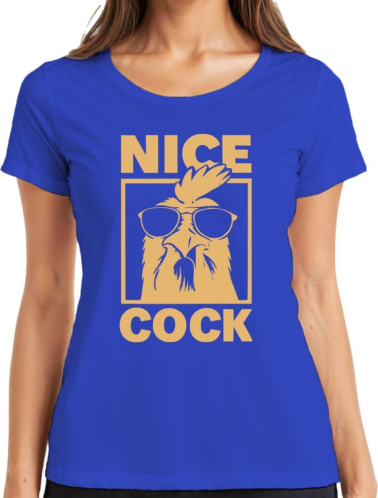 Nice Cock lustiger Hahn Sonnenbrille Bauernhof Geschenk Retro Damen T-Shirt, Blau, XXL