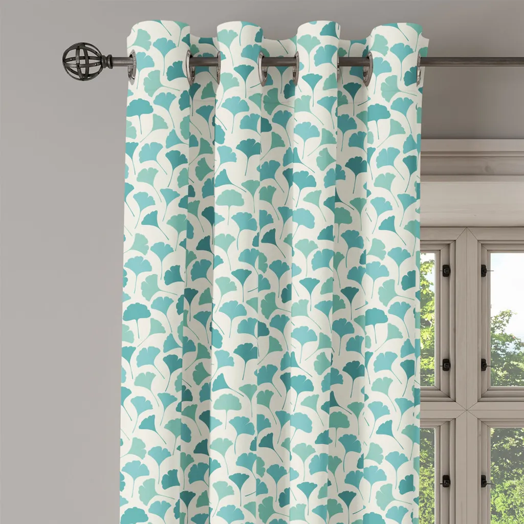 Rideau feuilles de ginkgo en tissu pastel turquoise 280 cm x 175 cm