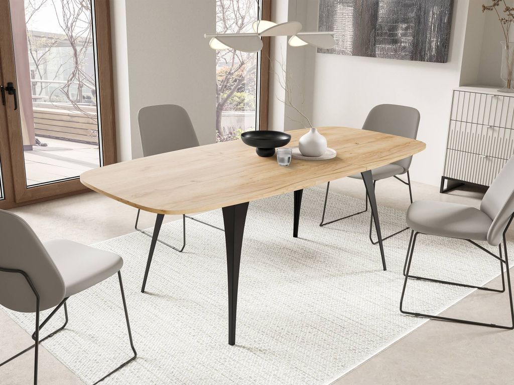MIRJAN24 Tisch Aura 160, Ausziehbar, Industrial, Abgerundete Tischkanten, Beine aus Stahl, Esszimmertisch, Loft (Farbe: Schwarz / Eiche Craft Gold)